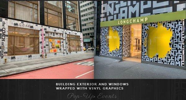 Building exterior and windows wrapped with vinyl graphics