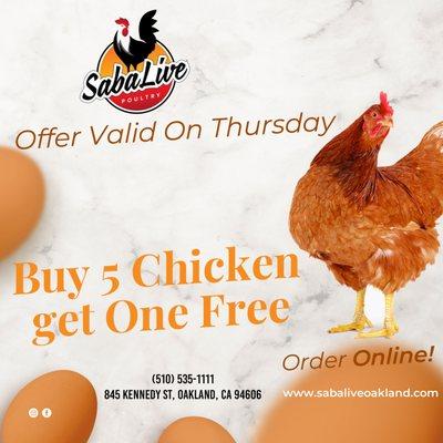 Don't miss out on the savings every Thursday! Buy 5 Chicken and get 1 Free 845 Kennedy St, Oakland, CA 94606