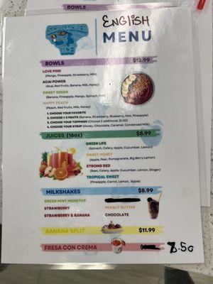 Menus in English and Spanish