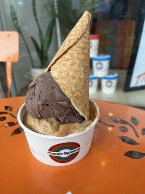 Pralines 'n Cream & Ultra Chocolate in an overflowing waffle cone. Extra cup required to contain all the deliciousness.