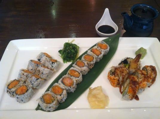 Spicy Yellowtail Roll, Spicy Salmon Roll, and Shrimp Tempura Roll (left to right)