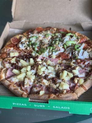 Specialty pizza: 1/2 Hawaiian chicken & 1/2 supreme!