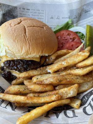 PF's delicious smash burger and fries!