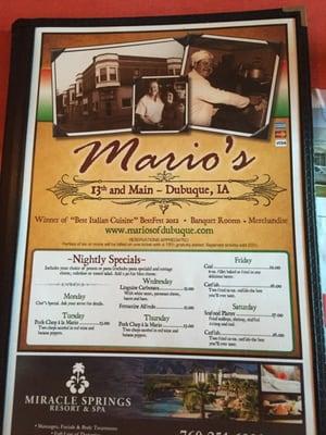 Front cover of menu