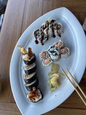 Assortment of sushi,eel roll , spider roll & spicy tuna roll