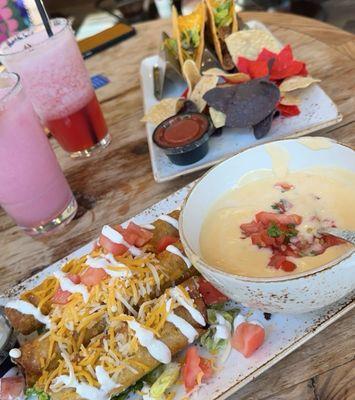 Prickly Pear Marg, Strawberry Marg, Flautas, Queso Dip, and Beef Tacos