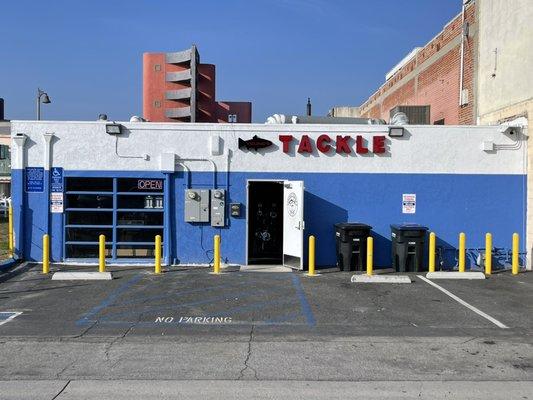 Shop entrance and parking lot