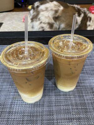 Iced vanilla latte with oat milk