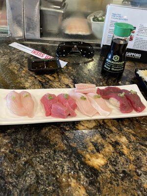 Amber Jack, toro, yellowtail belly and bluefin sushi