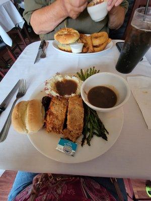 Meatloaf, REAL Mashed Potatoes/Gravy & delicious thin Asparagus.   Sriracha Bourbon BBQ Burger & Onion Rings.