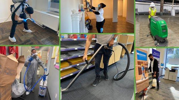 Vacuuming, carpet cleaning, electrostatic spraying, floor scrubbing, high dusting, carpet pretreatment.