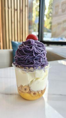 Stringed Ube Vanilla Ice Cream w/ Egg Pudding and cereal toppings