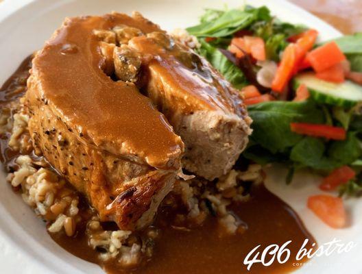 WEEKLY LUNCH SPECIAL Stuffed Pork Loin -with spinach and mushroom, Brown Gravy, Rice Pilaf, and Side Salad $10 #406bistro