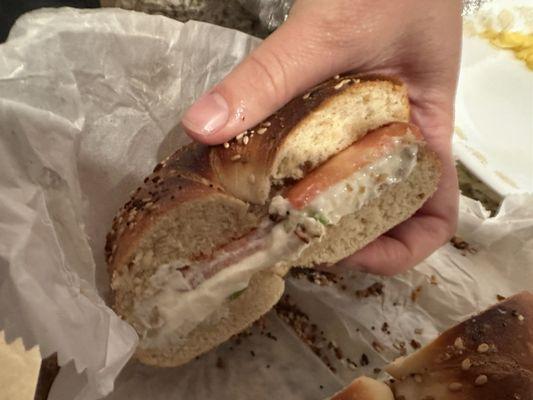 Everything bagel with scallion cream cheese and tomato