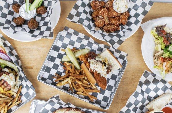 The classic chicken sandwich and the sweet chili wings