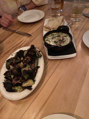 Appetizers - yum!!!! Artichoke dip & brussel sprouts.