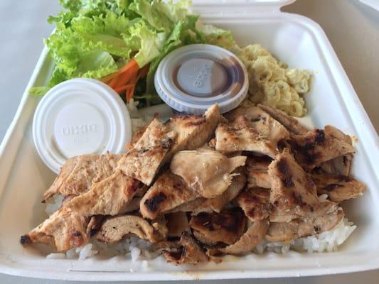 Chicken teriyaki...includes rice, macaroni salad, and salad.  Around $9.