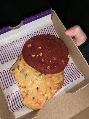 Confetti Deluxe Cookie, stuffed Red Velvet Cookie