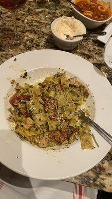 Pappardelle Pesto (Started to eat and forgot to take a picture but AMAZING best pesto pasta ever)