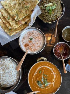 Garlic Naan, Raita, Paneer Tikka Masala, Saag Channa, Basmati rice