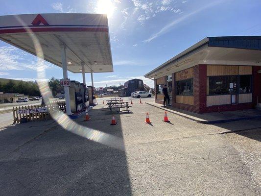 Outside seating area - used to be a gas station, now it's a coffee shop