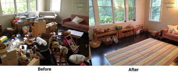 Living room before and after declutter and organizing