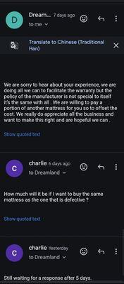 Email communication showing false promise and non response from dreamland.