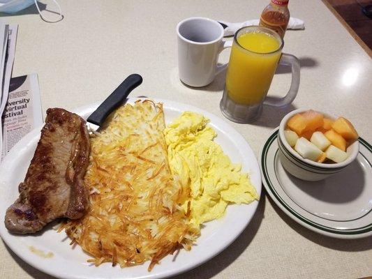 Amazing hashbrowns and fresh squeezed OJ.