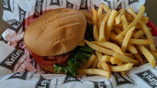 Single Patty burger and shoe string fries.