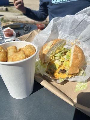 Double burger and tater tots