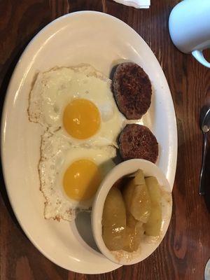 Sunny side eggs, sausage and Fried Apples