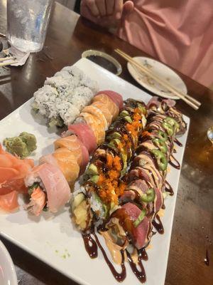 Crunchy Shrimp Roll, Black Dragon Roll, Cowboy Roll, and Rainbow Roll