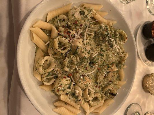 Seafood and creamy pesto with penne