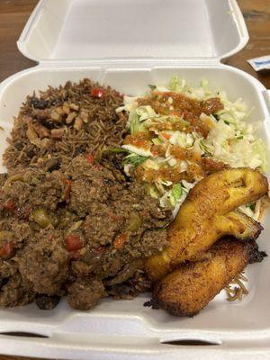 Picadillo with congri, salad and fried ripe plantains.