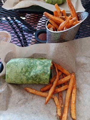 Avocado bacon wrap and sweet potato fries