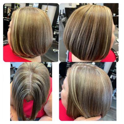 Partial Foil/ high and low babylights. Slightly angled bob by Ivett Anderson @hairbyivett