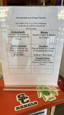 Ice cream menu