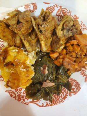 4 piece chicken wing meal with southern sides of macaroni and cheese, collard greens and candied yams