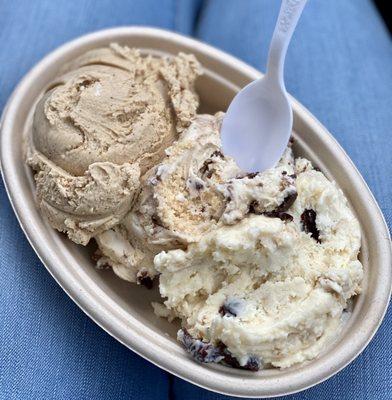 Coffee (best anywhere), P. B. Brownie (PB base w hm brownie pieces & a fudge swirl) & Oatmeal Raisin Cookie Dough