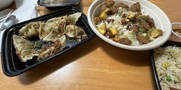 Dumpling In chili sauce, mango chicken over rice, and Yangzhou fried rice