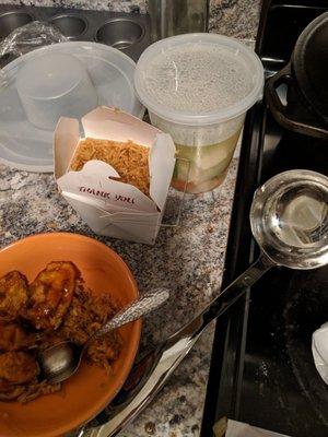 Fried rice and general tsos tofu with veg soup in the background