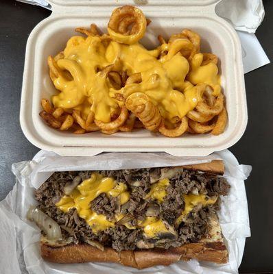 Mushroom & Grilled Onions Cheese Steak Hoagie with Extra Meat and Cheese Sauce Curly Fries