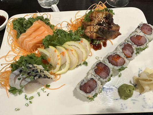 Salmon, saba, scallop, and eel sashimi; sunshine roll