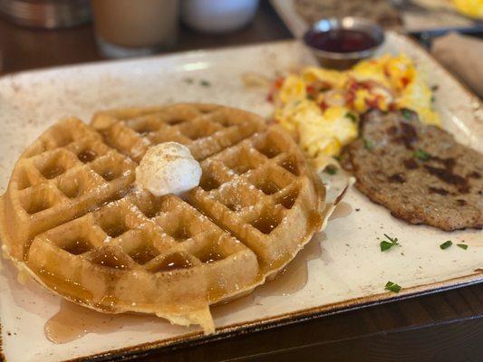 Tri-fecta.  Belgian waffle, southwest scrambled eggs and chicken sausage.