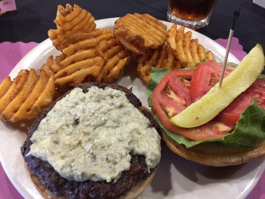 The black and blue burger without bacon and seasoned waffle fries