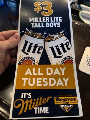 $3 miller lite on Tuesdays