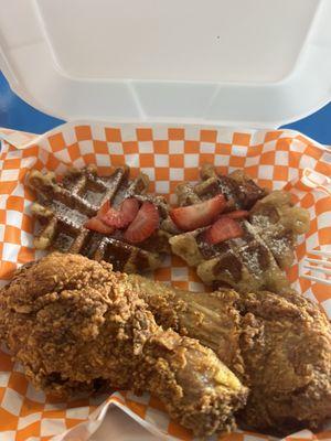 Fried chicken and waffles (3rd leg was placed in a smaller container to avoid crowding and condensation).