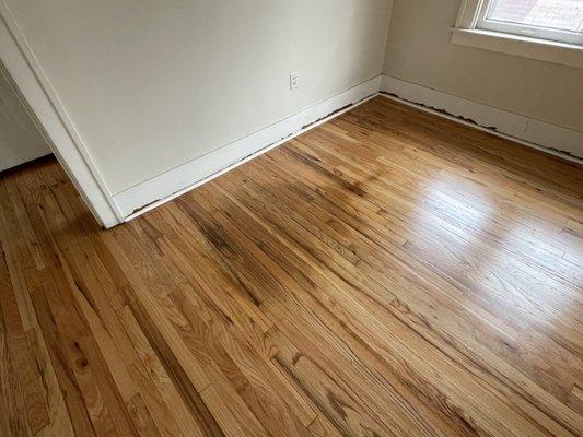 Another close up of stain. Notice the torn up baseboards too from removing moldings.