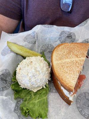 Chicken salad scoop and 1/2 chicken blt sandwich, and a pickle!