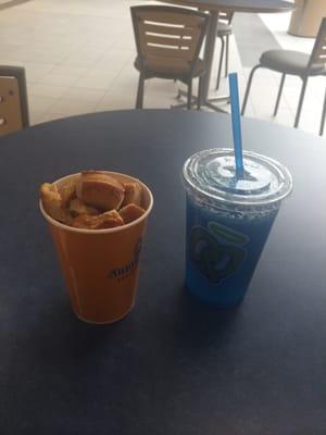 Pretzel bites and a large blue raspberry lemonade mixer, ask them to go easy on the ice.